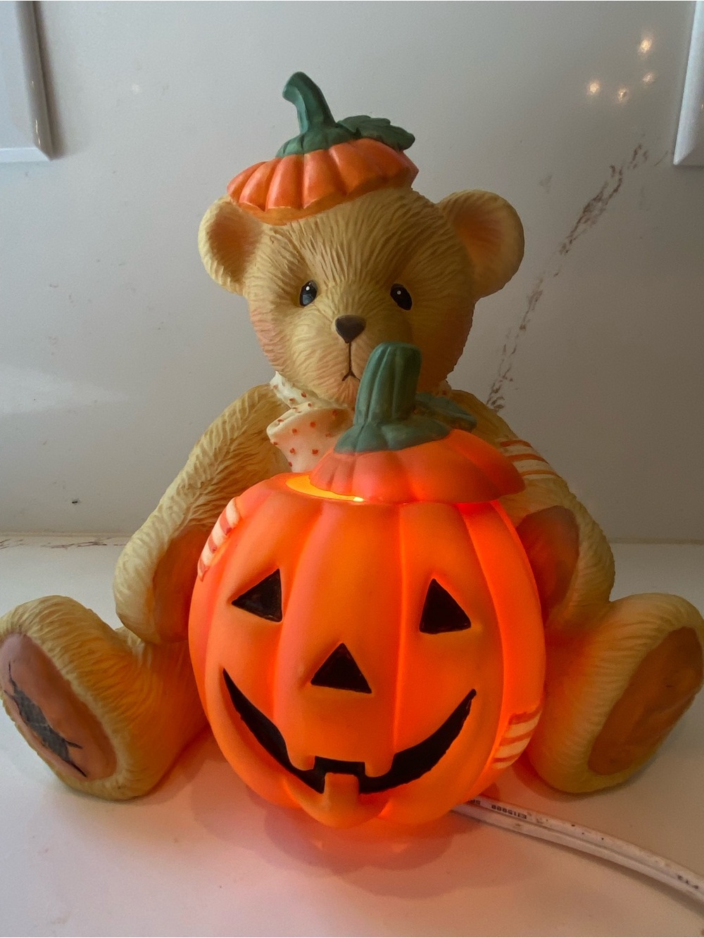 Vintage Halloween Bear Pumpkin Nightlight By Enesco 1994 Works 8”